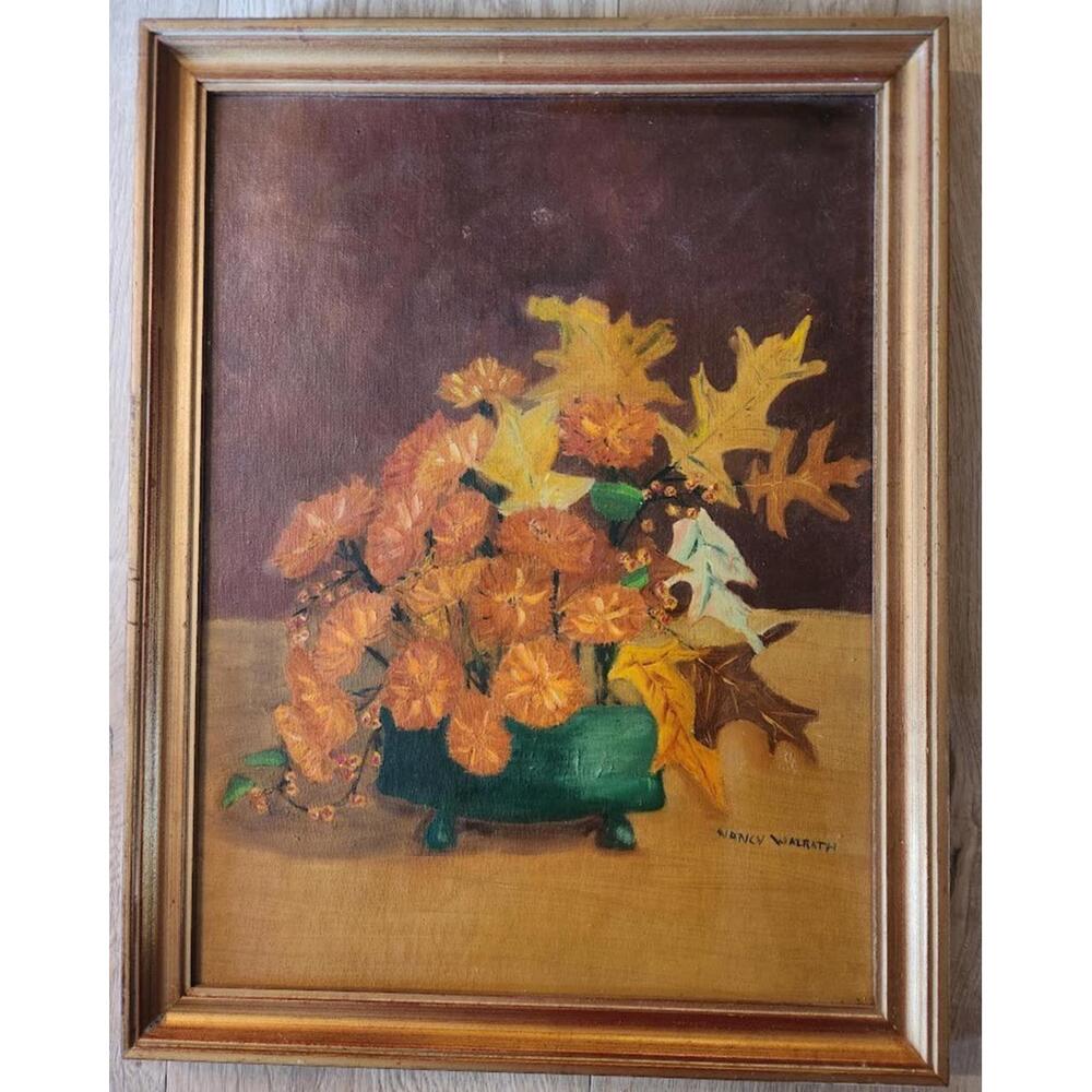 VTG Still Life Flowers Leaves Oil Painting Signed Nancy Walrath MCM Framed 18x14